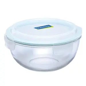 Clear glass bowl with white lid.